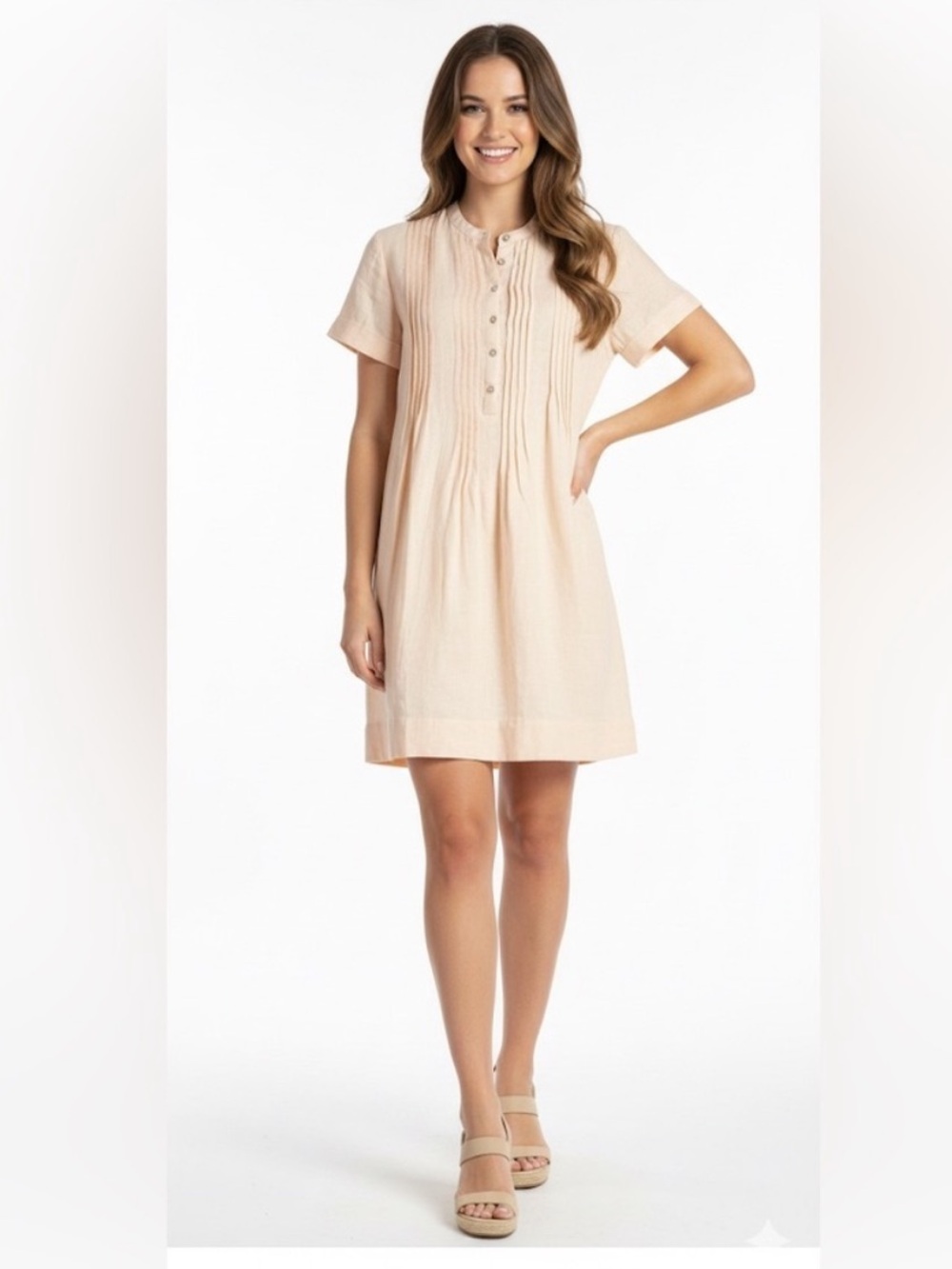 Faherty Gemina 100% Linen Peachy Pink Button-Front Sun Dress